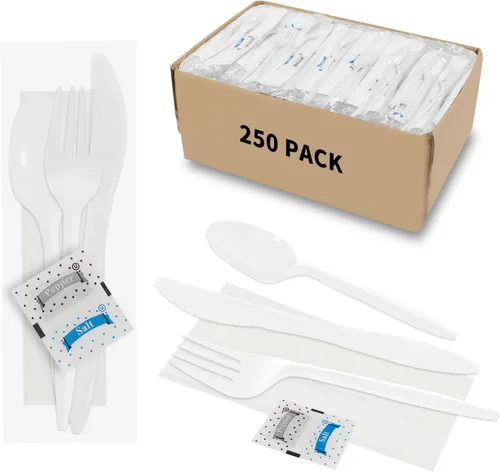 Miniatura 10 de 500 paquetes de juego de cuchillo, tenedor, cuchara, servilleta, sal y pimienta, cubiertos de plástico negro envueltos individualmente para entrega