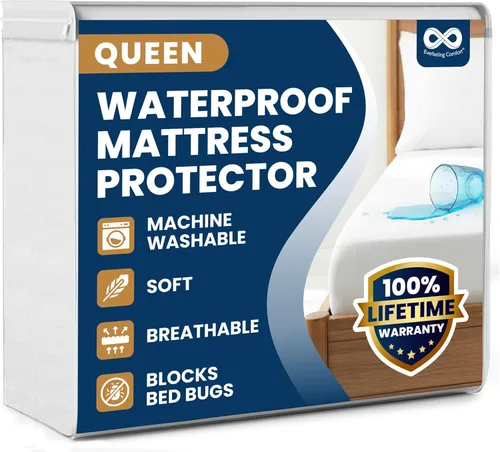 Everlasting Comfort Protector de colchón prémium tamaño Queen, impermeable e hipoalergénico, diseño silencioso, funda lavable, bolsillo profundo de