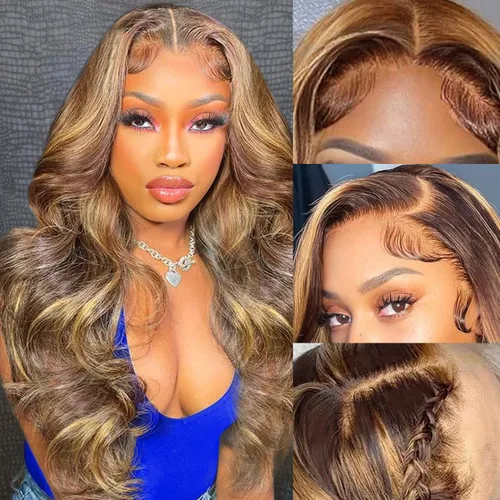 Miniatura 23 de Aicrelery Peluca de cabello humano con encaje frontal de 30 pulgadas, Highlight 13x6, Ombre P4/27, color marrón dorado, frontal con cabello de bebé