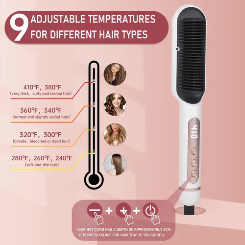 Miniatura 3 de Cepillo alisador de cabello iónico negativo con 9 ajustes de temperatura, peine alisador de cabello de calentamiento rápido de 30s con pantalla LED