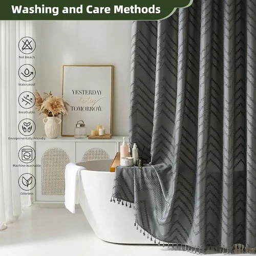 Miniatura 6 de Siiluminisoy Cortina de ducha gris para baño de tela bohemia, cortina de ducha de tela con textura de chevrón tufted elegante, cortinas de ducha