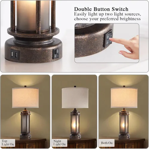 Miniatura 3 de Lámpara de mesa de granja de 25 pulgadas con 2 puertos de carga USB, lámpara de mesita de noche rústica vintage con luz nocturna de vidrio