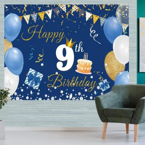 Miniatura 5 de Decoraciones de 9º cumpleaños para niños y niñas, cartel de telón de fondo de feliz cumpleaños 9 años, cartel de tela con texto en inglés "Happy 9