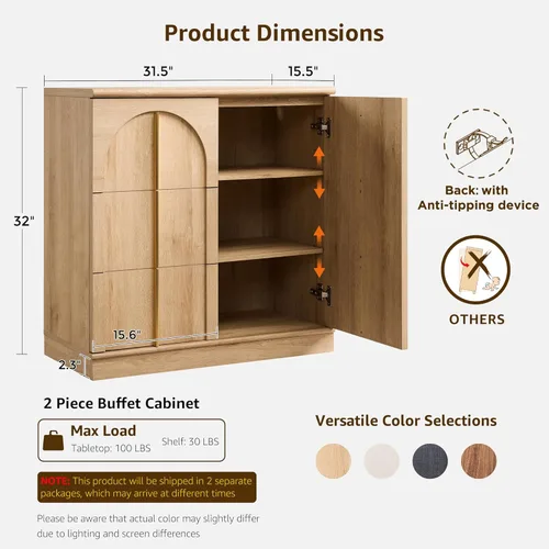 Miniatura 2 de ACCOHOHO Armario buffet con almacenamiento y puertas arqueadas, aparador de madera de 63 pulgadas con estante ajustable, modernas mesas de café