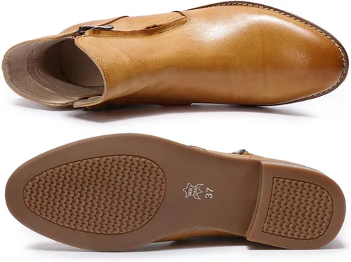 Miniatura 4 de Mona flying Botines de cuero para mujer, botas de tobillo con cremallera lateral, tacón bajo, botas cortas para mujer