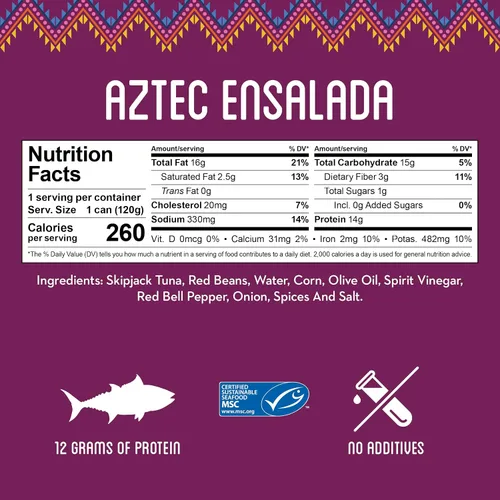 Freshé Atún enlatado gourmet (ensalada azteca, paquete de 10 unidades de lata de 4.25 onzas) Atún enlatado capturado de forma sostenible que es un