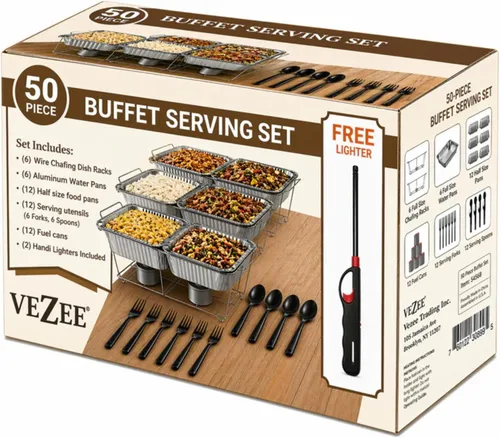Juego de platos de bufé desechable | Servidores y calentadores de bufé, kit de servicio de bufé | Incluye combustible para rozar, estantes de