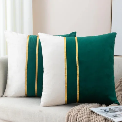 Miniatura 12 de ZLINA Juego de 2 fundas de almohada decorativas de terciopelo verde aguamarina y blanco con parches y cuero dorado de 16 × 16 pulgadas, fundas