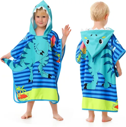Miniatura 11 de LOLANTA Toallas de baño con capucha de tela de rizo para niños, toalla de playa para niños, poncho de piscina, bata de algodón (verde #B, 4-6 años)