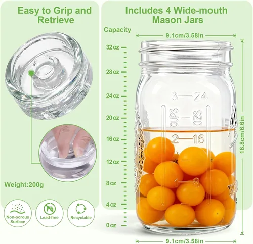 Miniatura 3 de Kit de fermentación de 4 unidades para todos los frascos Mason de boca ancha (cuatro tarros Mason de 32 oz incluidos), frascos de fermentación