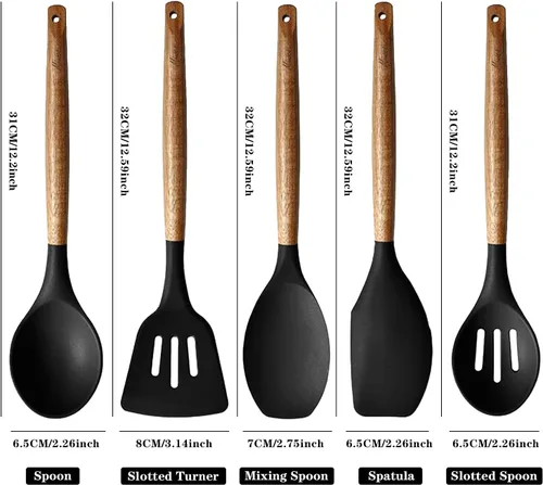Miniatura 4 de Juego de utensilios de cocina, juego de utensilios de cocina de silicona, juego de espátulas de silicona antiadherente con mango de madera dura