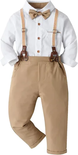 Miniatura 32 de Conjunto de pantalones para bebé, camisa de manga larga + pantalones + corbatín + tirantes, trajes de caballero para niños pequeños