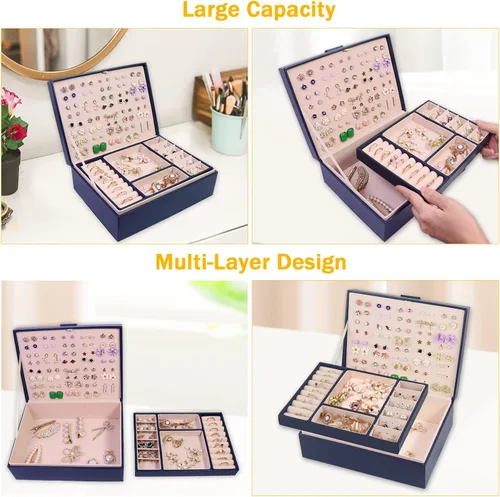 Miniatura 6 de Caja organizadora de joyas cajas de joyería grandes de piel sintética collares anillos aretes organizador de almacenamiento pantalla de doble capa