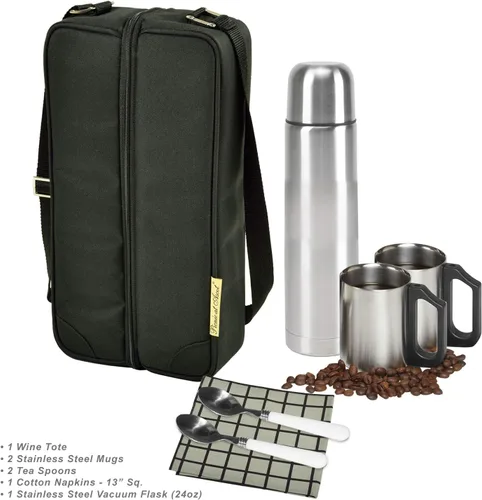 Miniatura 3 de Picnic at Ascot Bolsa de café de viaje para 2 personas, incluye frasco de vacío inoxidable, tazas y cucharaditas, diseñado y ensamblado