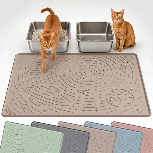 Miniatura 13 de OHMO Tapete de arena para gatos mediano de 23.6 x 15.7 pulgadas, goma de silicona beige, control de dispersión para caja de arena para gatitos