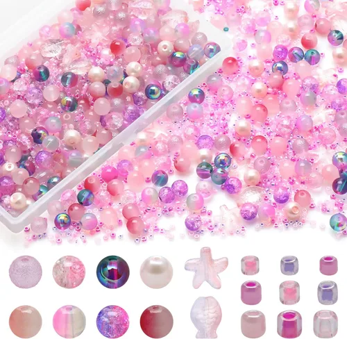Rired 27 Kit de 760 piezas de cuentas mixtas para manualidades, kit de fabricación de pulseras de cuentas de vidrio rosa, cuentas de cristal