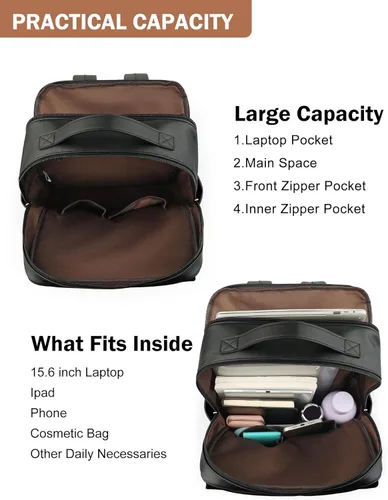 Miniatura 3 de MASINTOR Mochila Bolso de Cuero PU de 15.6 pulgadas para Portátil para Mujeres, Mochila Casual Grande para Universidad, Bolsa de Viaje, Negro