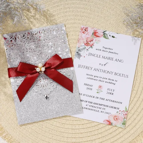 Miniatura 2 de AdasBridal 25 invitaciones de corte láser con purpurina plateada con tarjetas y sobres, diseño de diamante y cinta de lujo con inserto de papel
