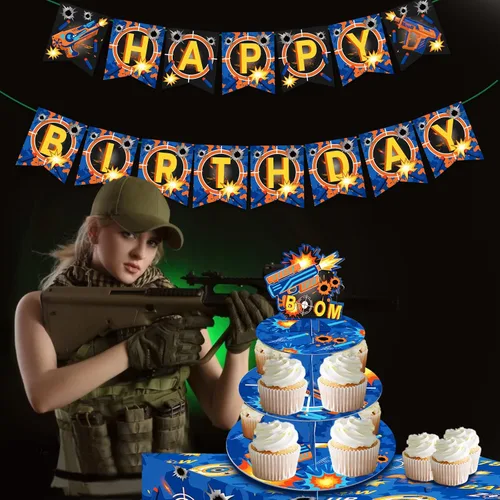 Miniatura 5 de Dart War - Soporte para cupcakes de 3 niveles para decoración de fiesta de cumpleaños, decoración de dardos con temática de guerra de dardos