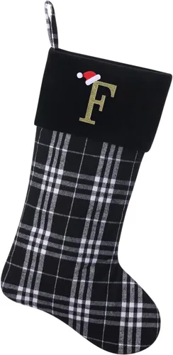 Miniatura 32 de Calcetines de Navidad personalizados con monograma inicial, adornos colgantes, medias clásicas de cuadros negros de 19 pulgadas, decoraciones