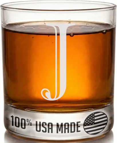 Monograma grabado de cristal de whisky Rocks de 11 onzas (letra J), regalos de bourbon personalizados de la A-Z para hombres, día del padre, vidrio