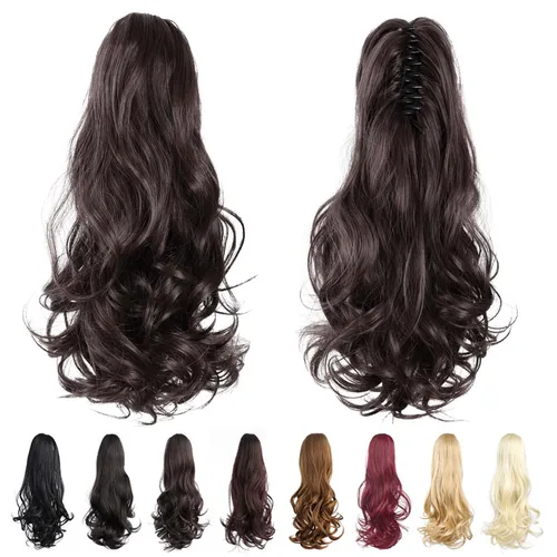 Miniatura 17 de Extensiones de cola de caballo, extensiones de cabello rizado con clip de garra de color marrón oscuro para mujer, peluca sintética de cola