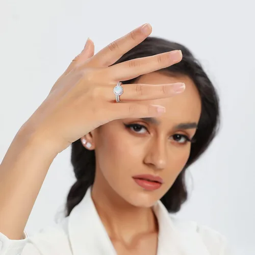 Miniatura 2 de MDFUN - Anillo de compromiso con halo de ópalo para mujer, anillo de circonia cúbica creado de 2 en 1, chapado en oro blanco de 18 quilates, anillos