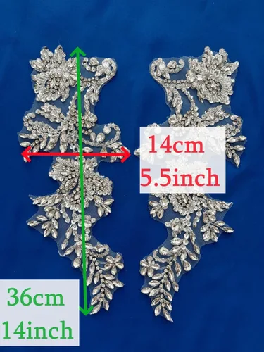 Miniatura 4 de Apliques de cuentas y diamantes de imitación hechos a mano para coser en parche de encaje de cristal, 1 par para ropa de bricolaje, vestido de Plata