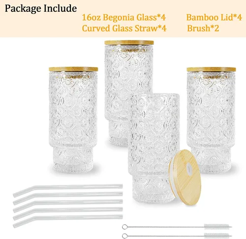 Miniatura 7 de Juego de taza de café de vidrio de 16 onzas con tapas y pajita Vintage Begonia, Dishwasher Safe, Natural Bamboo Lid, Car Hold Friendly, Non-slip