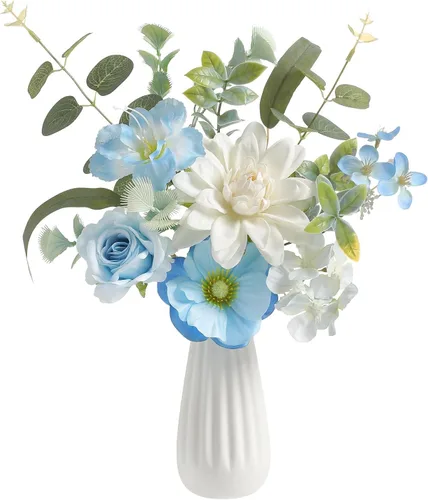 Flores artificiales pequeñas de 11.8 pulgadas en jarrón de cerámica, centro de mesa de flores de seda azul para mesa de comedor, oficina, boda y
