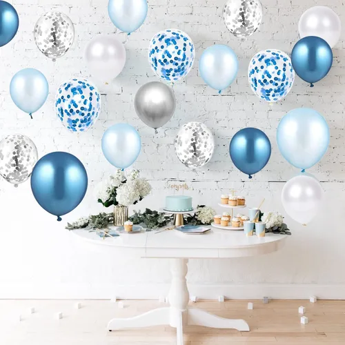 Miniatura 3 de 60 globos de confeti azul plateado y blanco de 12 pulgadas, globos de color blanco azul claro, globos plateados metálicos, globos de confeti