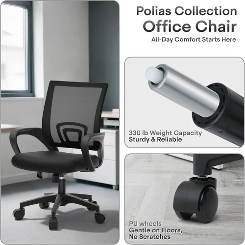Miniatura 8 de Silla de oficina ergonómica, 330 libras, silla de escritorio de malla transpirable con soporte lumbar y reposabrazos, bloqueo giratorio de Negro