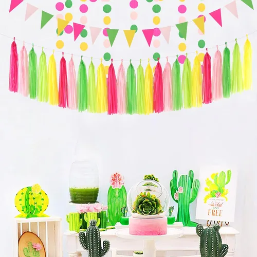 Miniatura 6 de Decoraciones para fiesta en la piscina de Hawái - Serpentinas - 35 pompones de pañuelo, suministros de cumpleaños tropicales, guirnalda de borlas