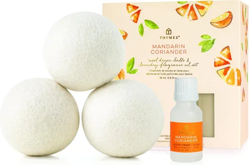 Thymes Juego de bolas de lana para secadora – Incluye 3 bolas de lana para lavandería + 1 aceite perfumado de fragancia para secadora – Elimina