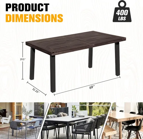 Miniatura 2 de Mesa de comedor Flamaker para 6 personas de madera de acacia FSC para interior y exterior, mesa de cocina del hogar con patas de hierro, mesa grande