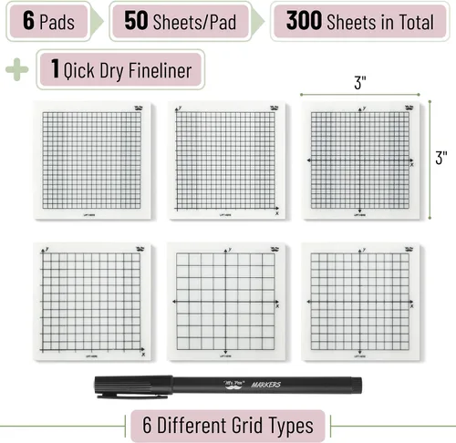Miniatura 2 de Mr. Pen - Notas adhesivas transparentes con gráficos, 3 x 3 pulgadas, 6 blocs, 50 hojas/bloc 6 Grid Designs, Square Graph Paper Notes & Fineliner