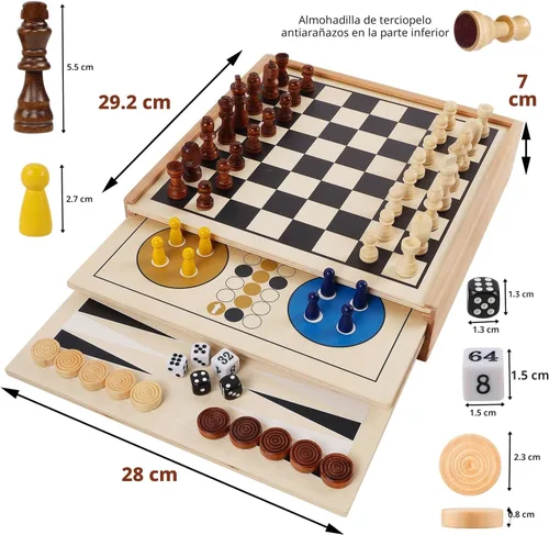 Miniatura 4 de Juegoal Juego de mesa de madera 7 en 1 para niños y adultos, juego de mesa clásico de viaje portátil