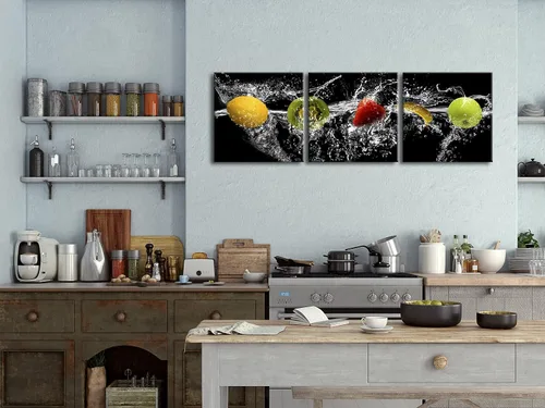 Miniatura 3 de Pyradecor Arte de paisaje moderno y grande de frutas bailarinas, 3 piezas, lienzo giclée envuelto en galería, cuadros negros sobre lienzo, arte