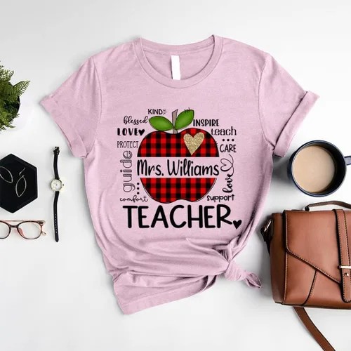 Miniatura 4 de NAZENTI Camisas personalizadas para profesores, regalos para profesores, camisas de regreso a la escuela, a cuadros de búfalo de leopardo, lindo