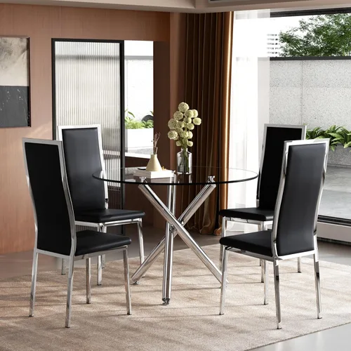 Miniatura 43 de Moderno juego de mesa redonda de cristal para 2, juego de mesa de cocina de círculo pequeño de 36 pulgadas con 2 sillas de comedor de piel sintética