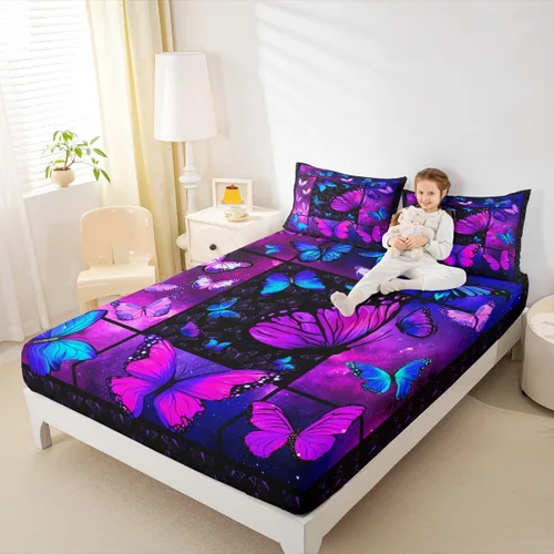 Miniatura 5 de Juego de sábanas de mariposa morada, tamaño Queen, con bolsillo profundo, galaxia mística, juego de ropa de cama de mariposa azul para niños, niñas