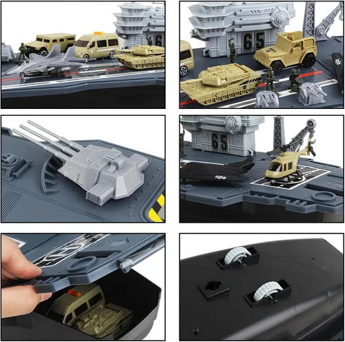 Miniatura 2 de deAO Portaaviones de juguete con soldados del ejército a escala, aviones de guerra, buques de guerra, vehículos militares, acorazados, aviones