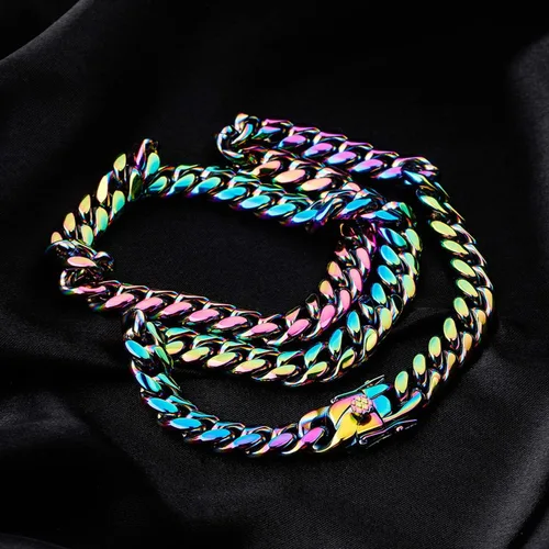 Miniatura 9 de Rowin&Co Mens Chunky Miami Cuban Link Chain - Rainbow Multicolor Stainless Steel Curb Necklace, Nickel-free, Colorful Chains, Hip Hop Jewelry Choker