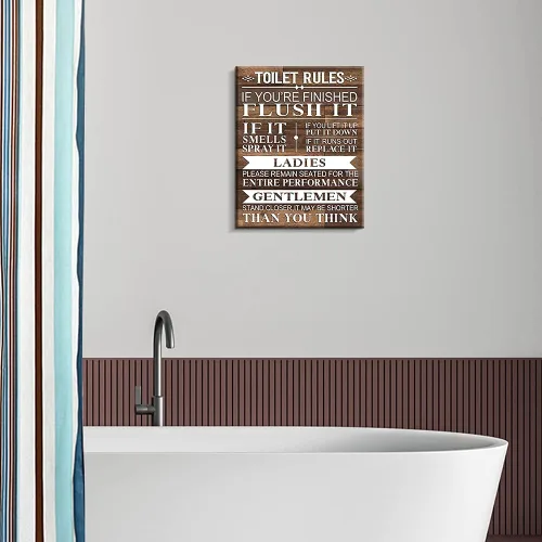 Miniatura 4 de Kas Home Lienzo decorativo para baño, rústico, divertido, reglas de inodoro, letreros enmarcados con fondo de madera, imagen de alta definición