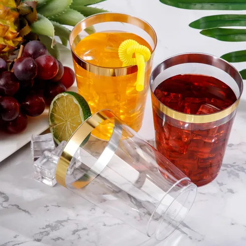 Miniatura 3 de DaYammi Paquete de 200 vasos de plástico dorados de 10 onzas, vasos de vino desechables con borde dorado, vasos de vino desechables de lujo, vasos
