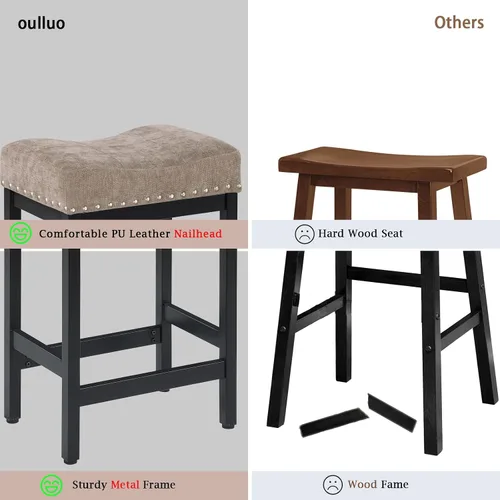 Miniatura 4 de OUllUO 918P-FBDR - Juego de 2 taburetes de bar de 25 pulgadas de altura de mostrador, taburetes de bar de tela gris pardo con cabeza de clavo