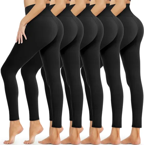 Opuntia Paquete de 5 leggings para mujer, cintura alta, control de abdomen, pantalones de yoga negros suaves para entrenamiento, atletismo,