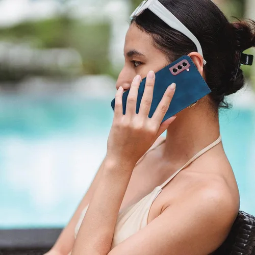 Miniatura 6 de Funda para Galaxy S21, tarjetero, correa para la muñeca, soporte, cierre magnético, funda con patrón de piel sintética, protección a prueba de Azul