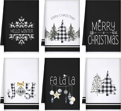 Geyoga 6 toallas de cocina de Navidad con diseño de búfalo a cuadros para árbol de Navidad, toalla de mano, toalla de té, paño de secado suave y