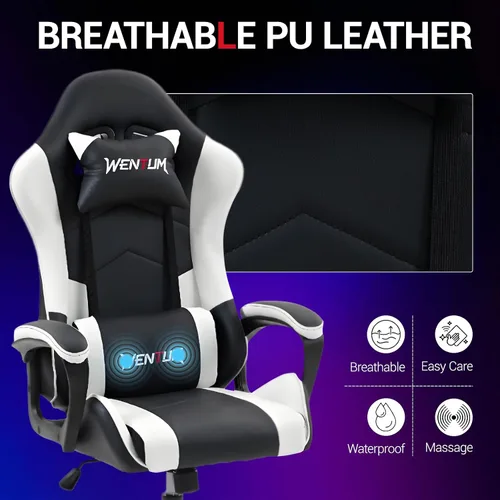 Miniatura 7 de Silla de videojuegos de piel sintética para masaje, silla de videojuegos para PC con soporte lumbar para hombres y mujeres, oficina en casa, altura